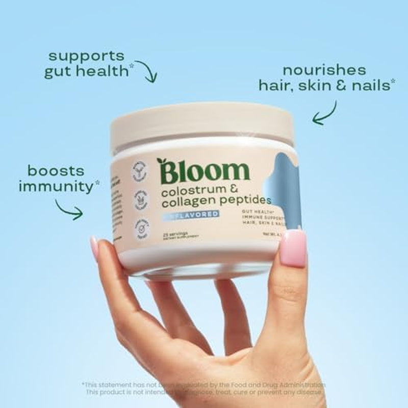 "Bloom Nutrition Bovine Colostrum Powder - Gut Health, Immune Support, Hair Growth & Beauty Supplement - Gluten Free, Sugar Free - Pure 40% IgG Premium Colostrum Superfood, Unflavored - 25 Servings"