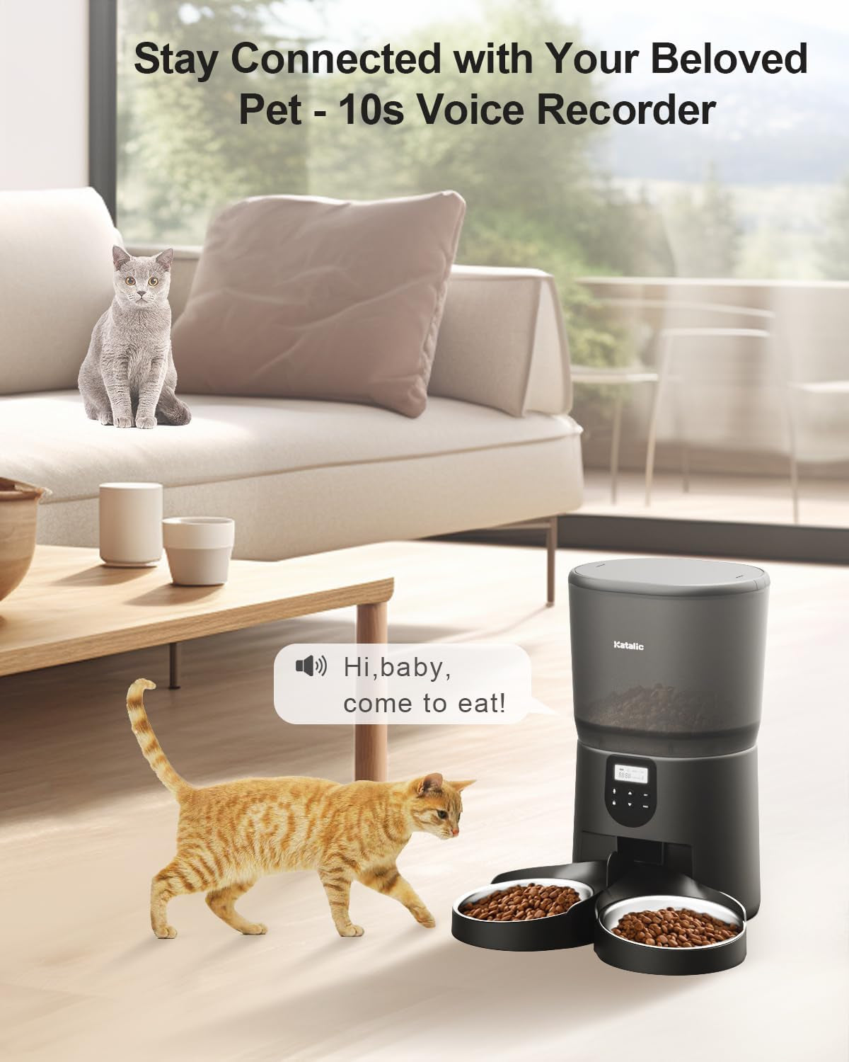 Dual Automatic Cat Feeder with 6L Capacity and Stainless Steel Bowls - Programmable Timer and Meal Call Feature
