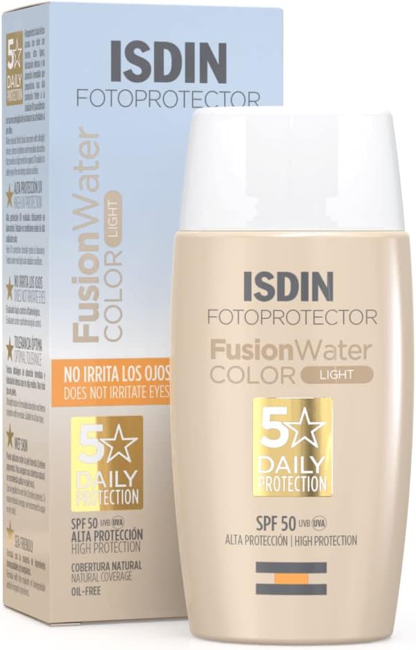 Isdin Fusion Water Color Spf 50 (Light) 50Ml, Tinted Daily Facial Sun Cream, Ultra-Light Texture