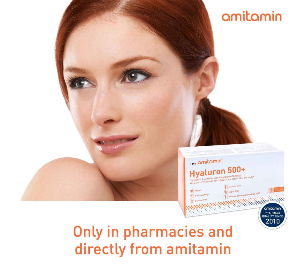 أميتامين® هيالورون 500+ - جرعة عالية من حمض الهيالورونيك النباتي وفيتامين سي (تكفي 90 يومًا)
