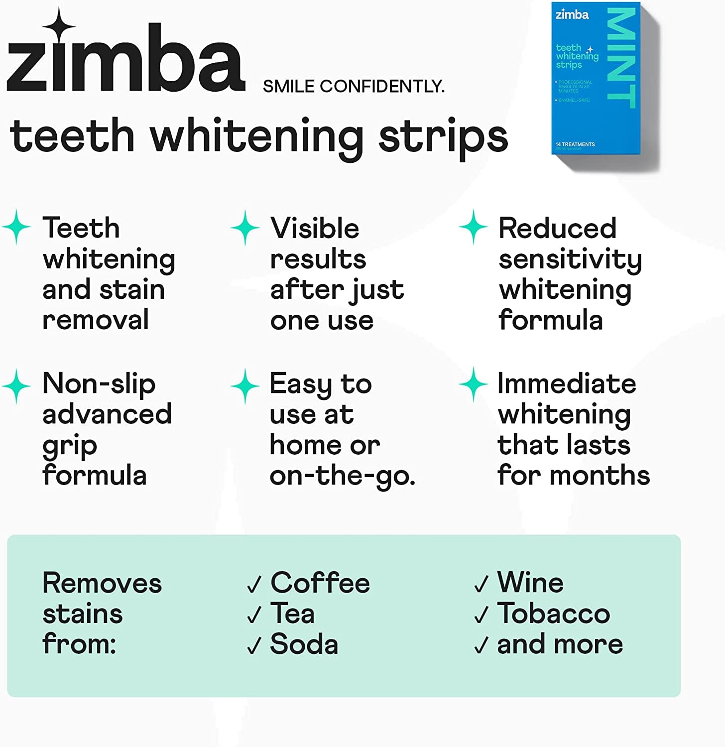 "Zimba Spearmint Fresh Teeth Whitening Strips - Vegan & Enamel Safe! Quick Results for Coffee, Wine, Tobacco, and More! 14-Day Treatment - Experience the Refreshing Power of Spearmint!"