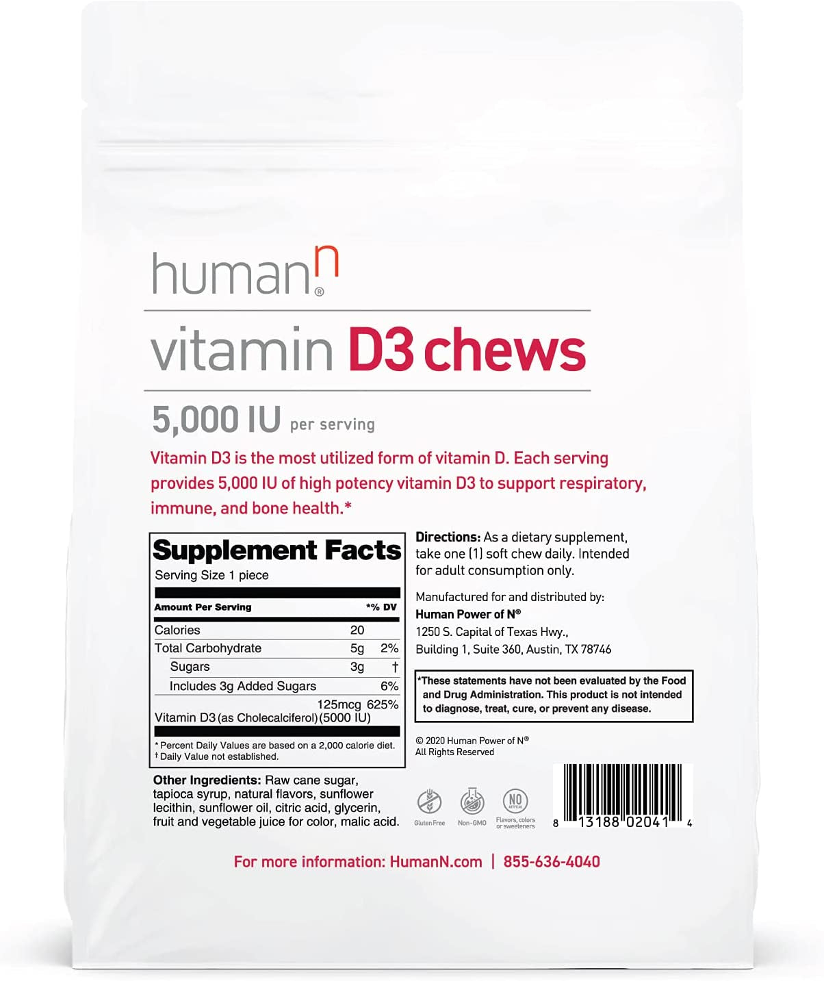 Humann Vitamin D3 Chews - High Potency Vitamin D3 5000Iu (125Mcg) Helps Support Healthy Mood, Immune Support, Respiratory Health & Bone Health, Mixed Berry Flavor, 30-Count