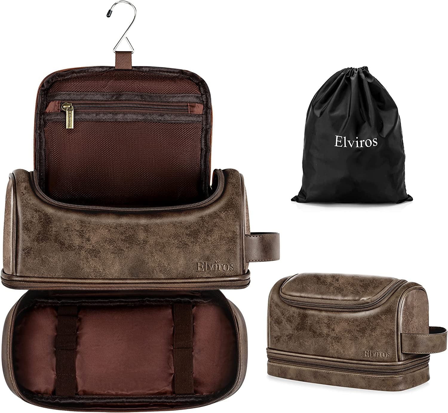 "Travel in Style with Elviros Toiletry Bag - Premium Leather Organizer Kit with Hanging Hook for Men and Women - Spacious and Water-Resistant - Perfect for Bathroom Shaving Essentials (Dark Brown)"