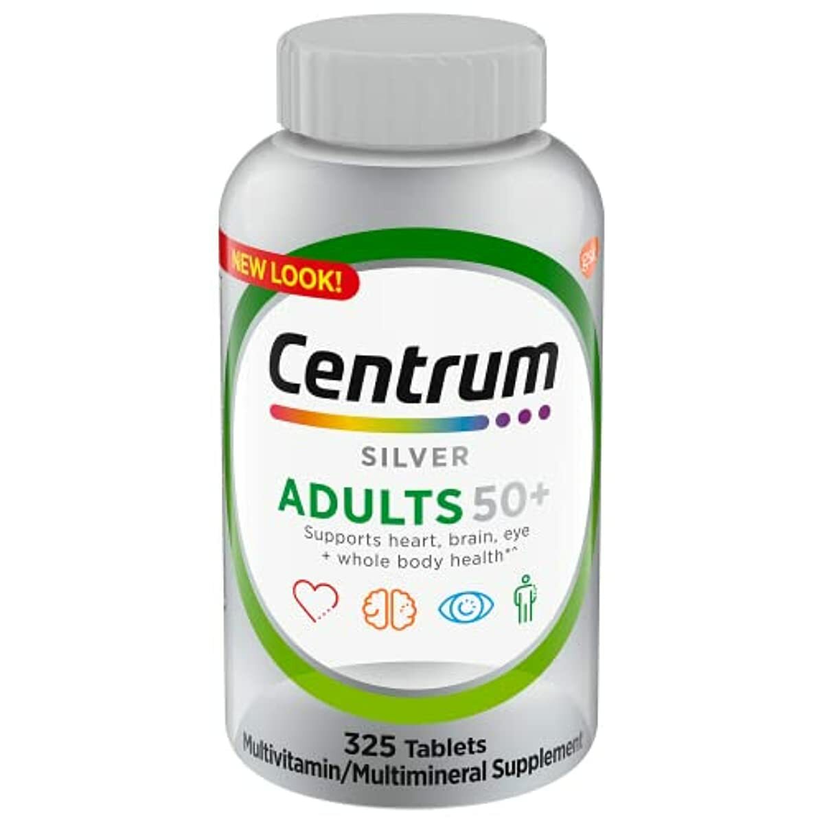Centrum Silver Adult 50 Plus Daily Multivitamin 325 Count Specially Formulated for Adult 50+ Smooth Coating Higher Level of Vitamin D3 Non GMO Support Heart Brain Eye Muscle Health
